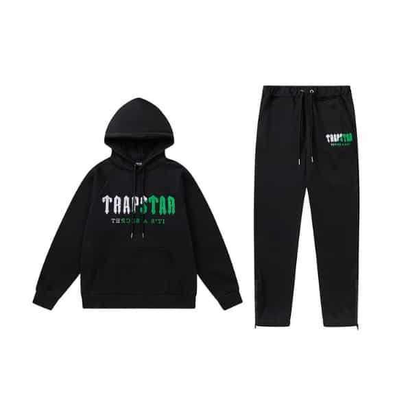 Chándal Trapstar Chenille Decoded negro y verde edición urbana-Lado frontal