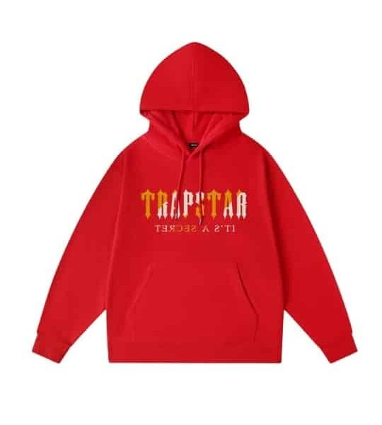Sudadera Trapstar Decoded roja con logo dorado y detalles blancos